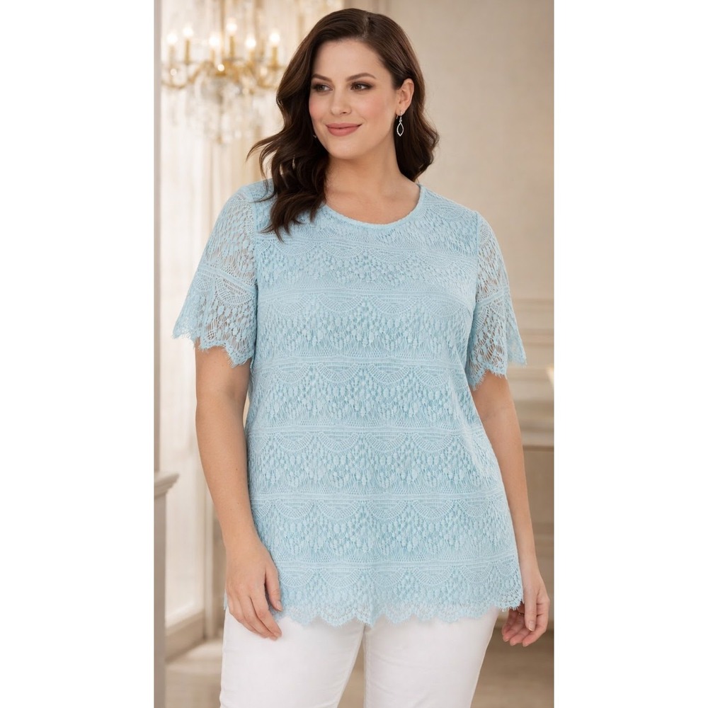 Catherines Light Blue Lace Overlay Scallop Trim Top 1X 18/20 Pastel Resort Boho